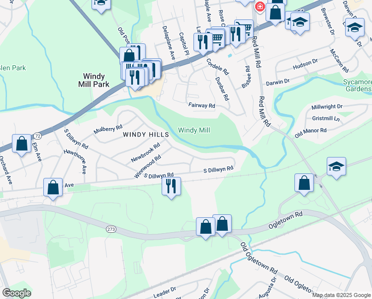 map of restaurants, bars, coffee shops, grocery stores, and more near 306 North Dillwyn Road in Newark