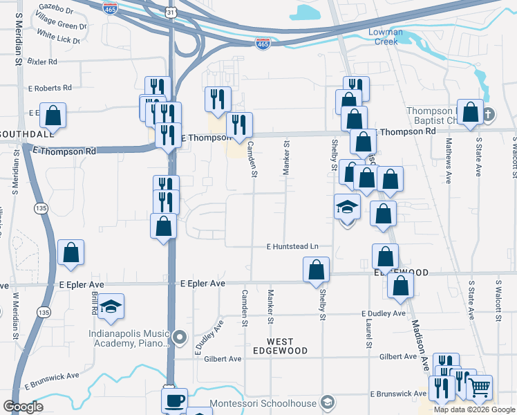 map of restaurants, bars, coffee shops, grocery stores, and more near 5021 Camden Street in Indianapolis