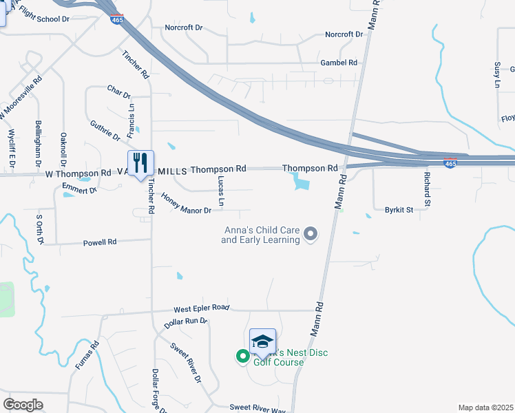 map of restaurants, bars, coffee shops, grocery stores, and more near 5204 Honey Manor Drive in Indianapolis