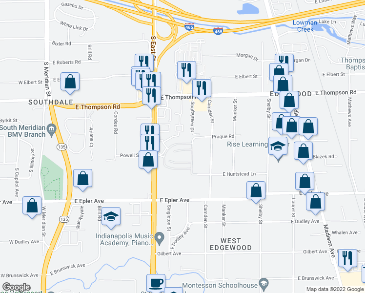 map of restaurants, bars, coffee shops, grocery stores, and more near 610 Turtle Creek North Drive in Indianapolis