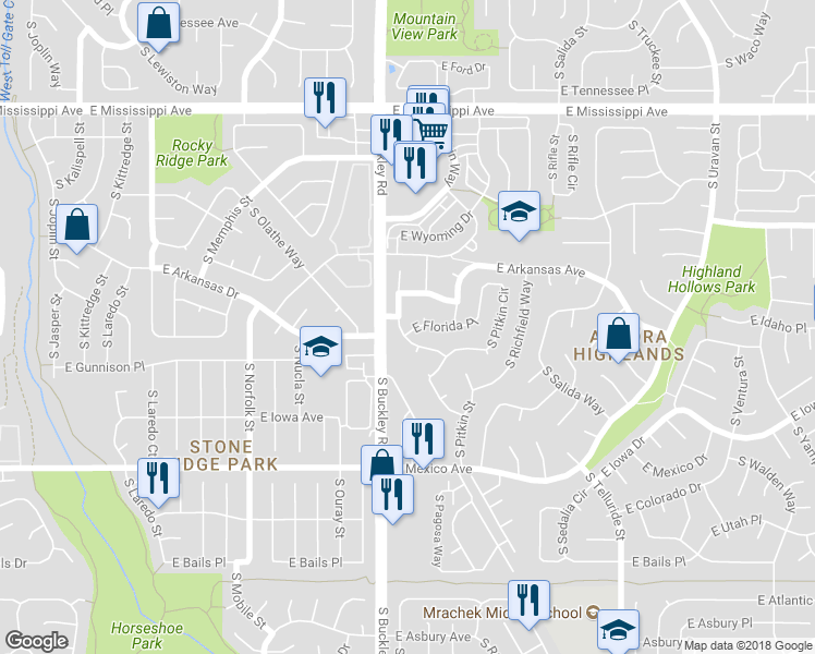 map of restaurants, bars, coffee shops, grocery stores, and more near 1486 South Pagosa Street in Aurora