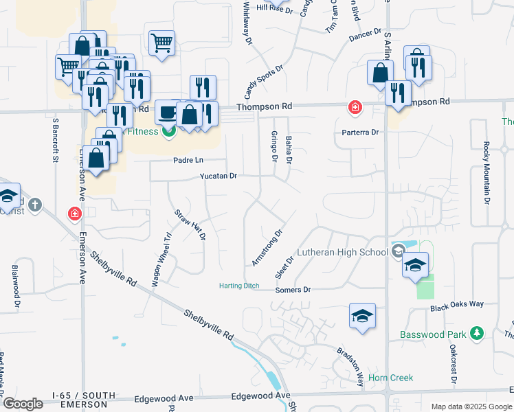 map of restaurants, bars, coffee shops, grocery stores, and more near 5531 Lunsford Drive in Indianapolis
