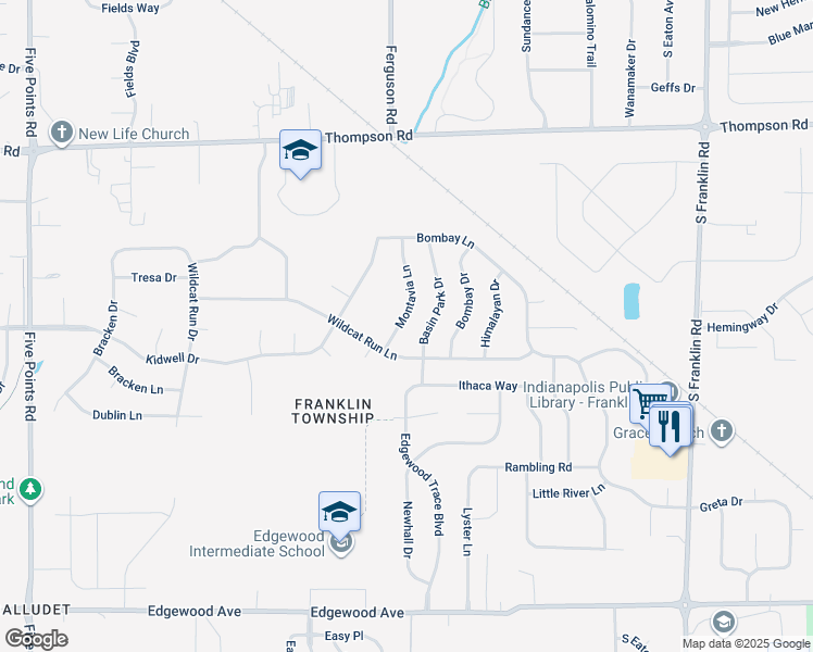 map of restaurants, bars, coffee shops, grocery stores, and more near 5415 Montavia Lane in Indianapolis