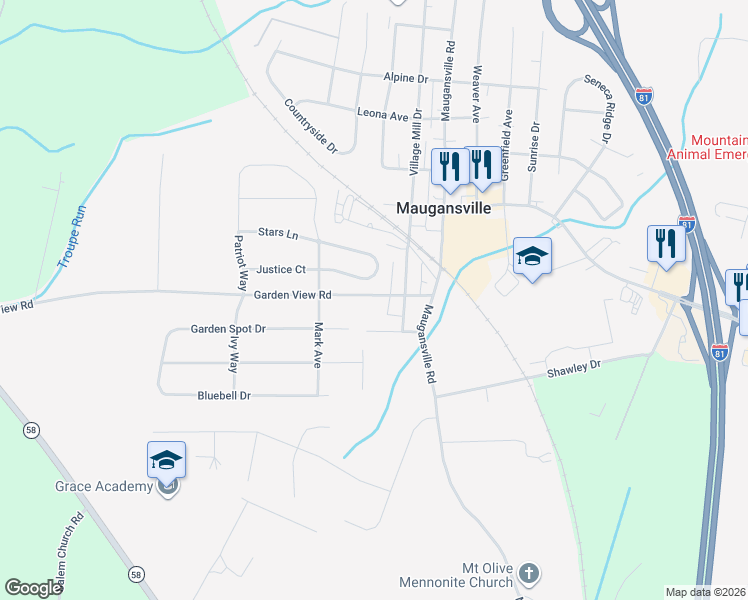 map of restaurants, bars, coffee shops, grocery stores, and more near 17927 Garden View Road in Hagerstown