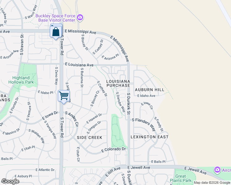 map of restaurants, bars, coffee shops, grocery stores, and more near 19216 East Idaho Place in Aurora