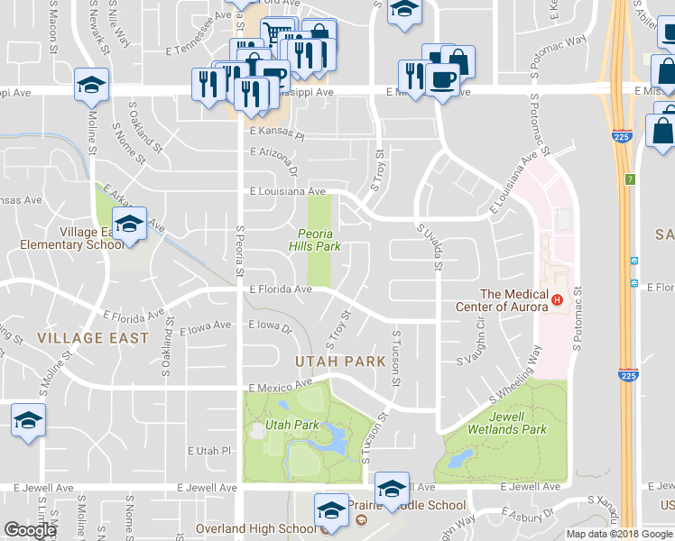 map of restaurants, bars, coffee shops, grocery stores, and more near 1483 South Salem Way in Aurora