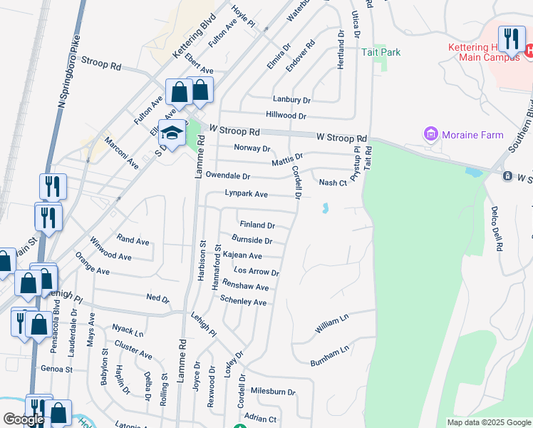 map of restaurants, bars, coffee shops, grocery stores, and more near 2136 Terrylynn Avenue in Dayton