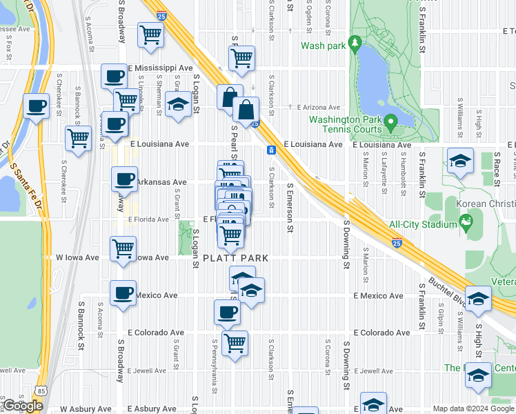 map of restaurants, bars, coffee shops, grocery stores, and more near 1464 South Washington Street in Denver