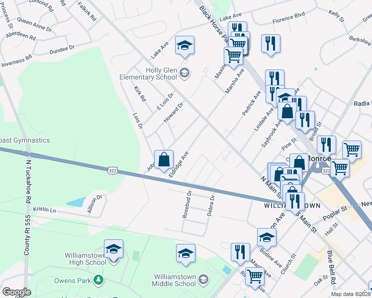 map of restaurants, bars, coffee shops, grocery stores, and more near 77 Eldridge Avenue in Monroe