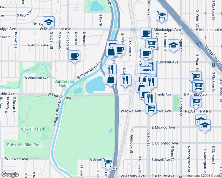 map of restaurants, bars, coffee shops, grocery stores, and more near 411 West Florida Avenue in Denver