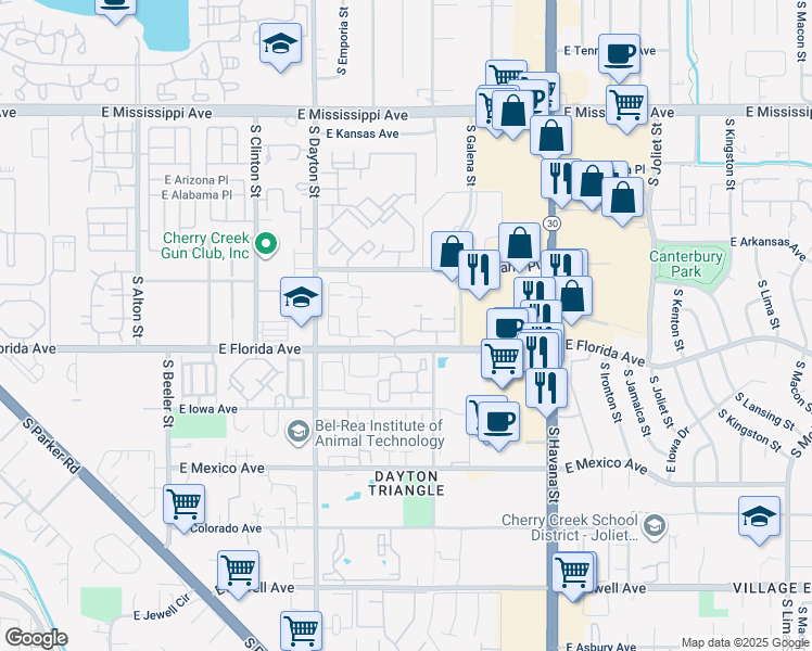 map of restaurants, bars, coffee shops, grocery stores, and more near 10011 East Carolina Drive in Denver