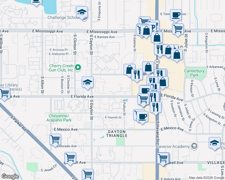 map of restaurants, bars, coffee shops, grocery stores, and more near 9913 East Carolina Circle in Denver