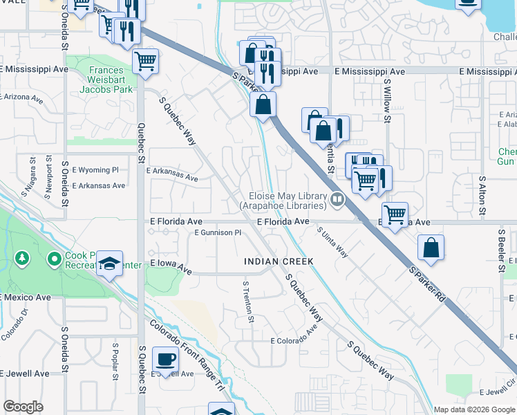 map of restaurants, bars, coffee shops, grocery stores, and more near 16 South Quebec Way in Denver