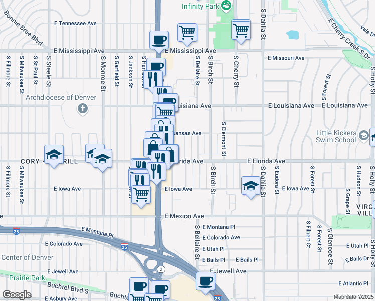 map of restaurants, bars, coffee shops, grocery stores, and more near 1470 South Ash Street in Denver