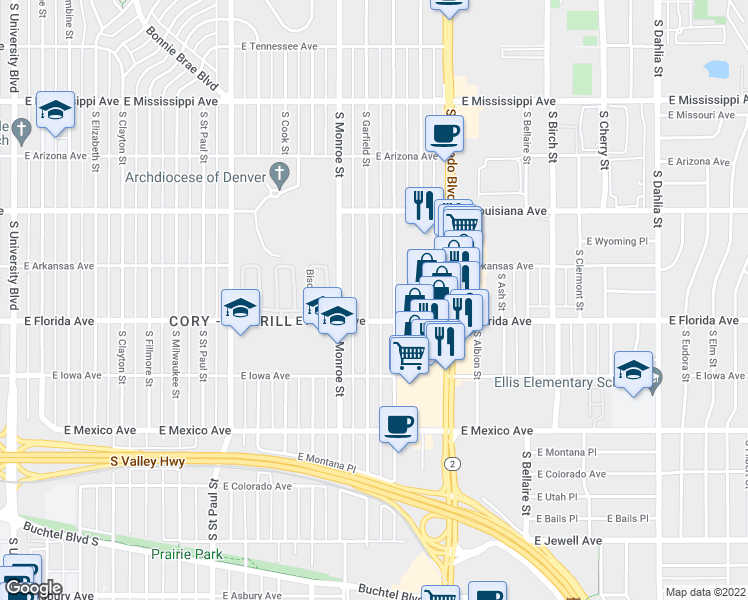 map of restaurants, bars, coffee shops, grocery stores, and more near 1465 South Garfield Street in Denver