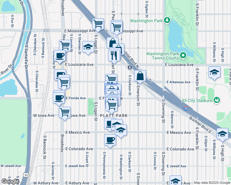 map of restaurants, bars, coffee shops, grocery stores, and more near 1527 South Pearl Street in Denver