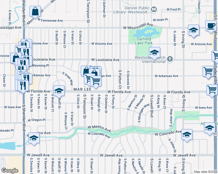 map of restaurants, bars, coffee shops, grocery stores, and more near 1471 South Perry Street in Denver