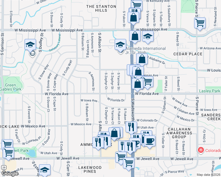 map of restaurants, bars, coffee shops, grocery stores, and more near 1450 South Zephyr Street in Lakewood