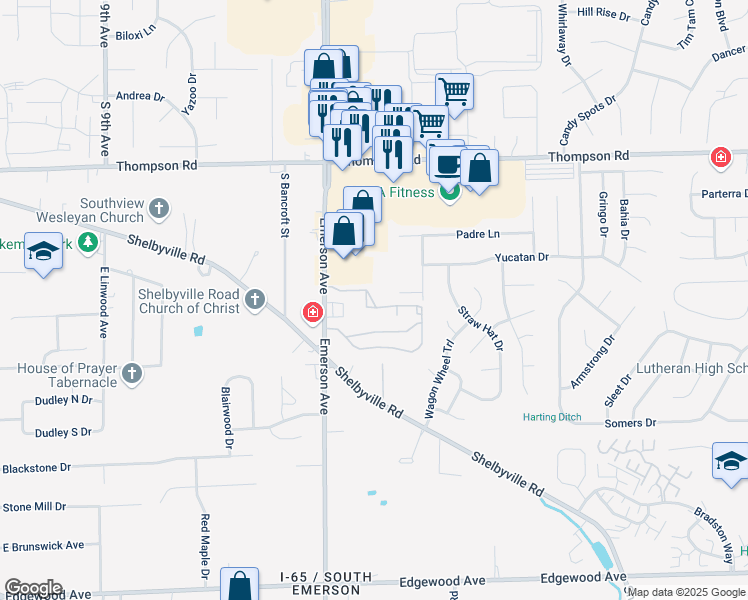 map of restaurants, bars, coffee shops, grocery stores, and more near 5167 Emerson Village Drive in Indianapolis