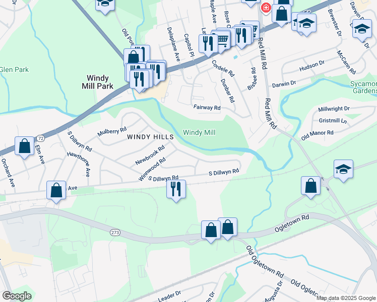 map of restaurants, bars, coffee shops, grocery stores, and more near 306 North Dillwyn Road in Newark
