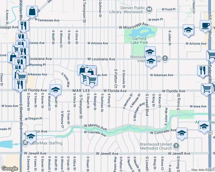 map of restaurants, bars, coffee shops, grocery stores, and more near 1471 S Perry St in Denver