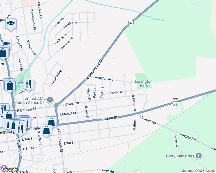 map of restaurants, bars, coffee shops, grocery stores, and more near 266 Mulberry St in Xenia