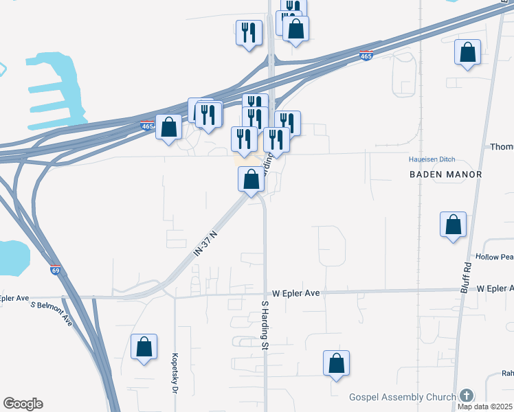 map of restaurants, bars, coffee shops, grocery stores, and more near 5202 South Harding Street in Indianapolis