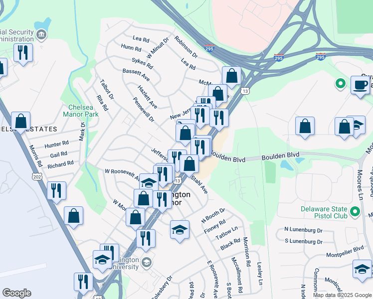 map of restaurants, bars, coffee shops, grocery stores, and more near 1303 Pennsylvania Avenue in Wilmington Manor