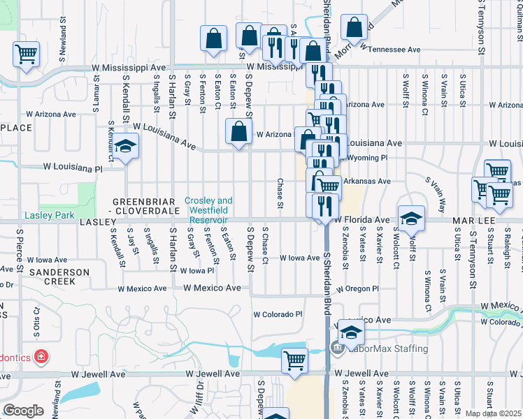 map of restaurants, bars, coffee shops, grocery stores, and more near 1475 South Chase Court in Lakewood