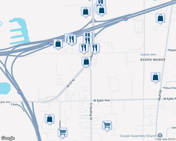 map of restaurants, bars, coffee shops, grocery stores, and more near 5202 South Harding Street in Indianapolis