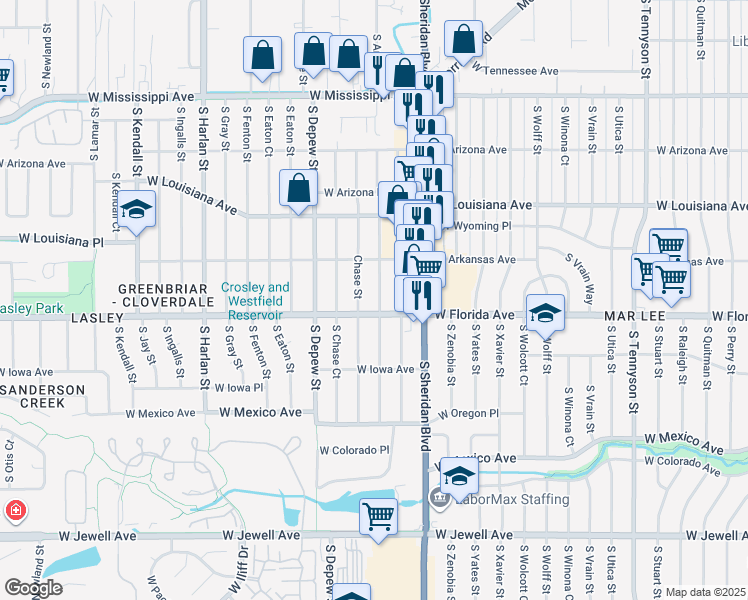 map of restaurants, bars, coffee shops, grocery stores, and more near 1475 South Benton Street in Lakewood