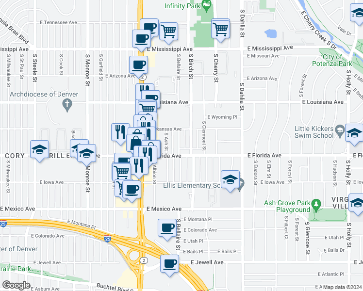 map of restaurants, bars, coffee shops, grocery stores, and more near 1470 South Bellaire Street in Denver
