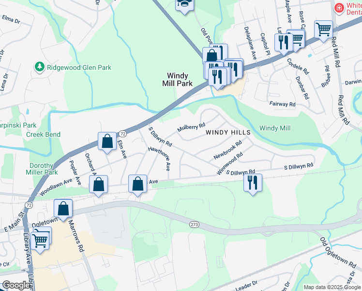 map of restaurants, bars, coffee shops, grocery stores, and more near 18 S Dillwyn Rd in Newark