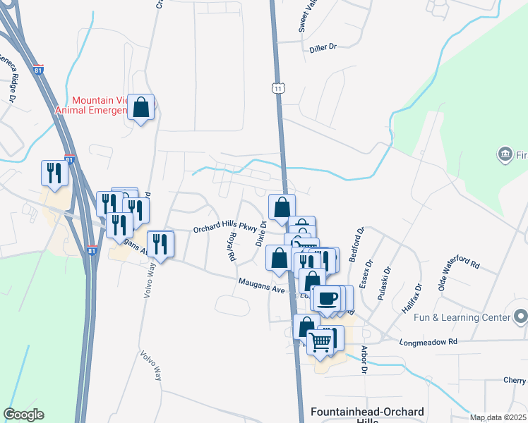 map of restaurants, bars, coffee shops, grocery stores, and more near 13715 Dixie Drive in Hagerstown