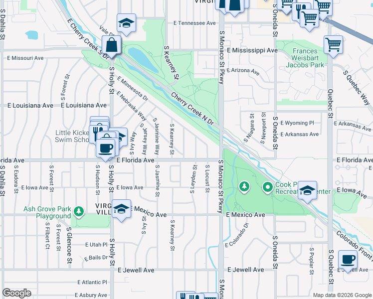 map of restaurants, bars, coffee shops, grocery stores, and more near 1478 South Krameria Street in Denver