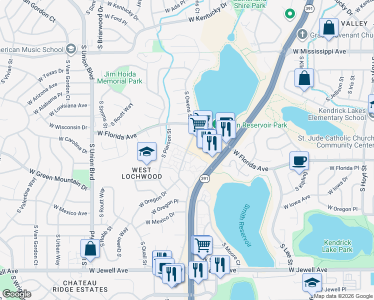 map of restaurants, bars, coffee shops, grocery stores, and more near 1572 South Owens Street in Denver