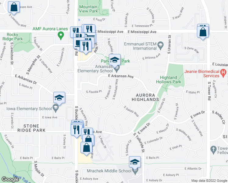 map of restaurants, bars, coffee shops, grocery stores, and more near 1493 South Richfield Way in Aurora