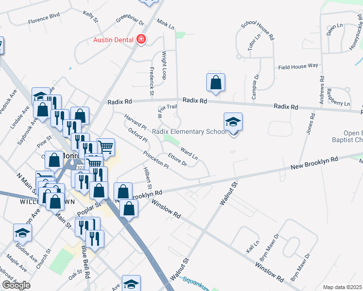 map of restaurants, bars, coffee shops, grocery stores, and more near 165 Ward Lane in Monroe