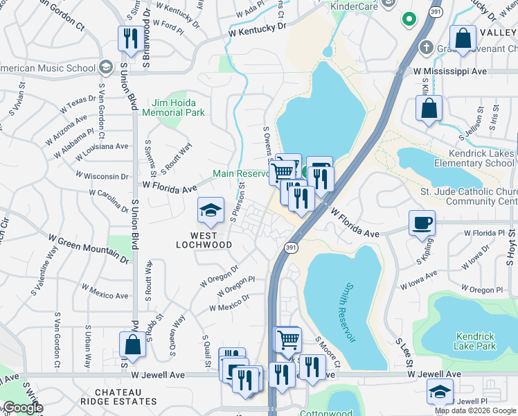map of restaurants, bars, coffee shops, grocery stores, and more near 1478 South Pierson Street in Lakewood