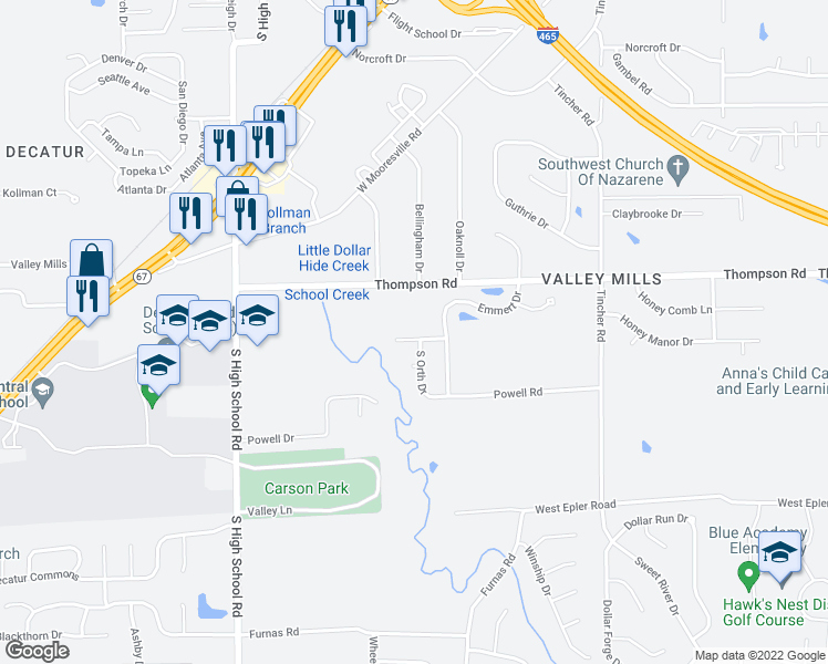 map of restaurants, bars, coffee shops, grocery stores, and more near 5826 Emmert Way in Indianapolis