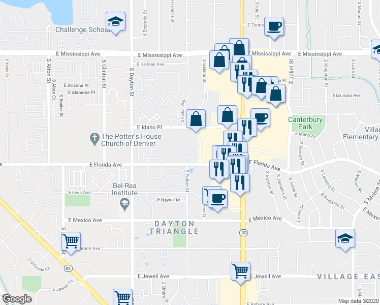 map of restaurants, bars, coffee shops, grocery stores, and more near 10091 East Carolina Drive in Aurora