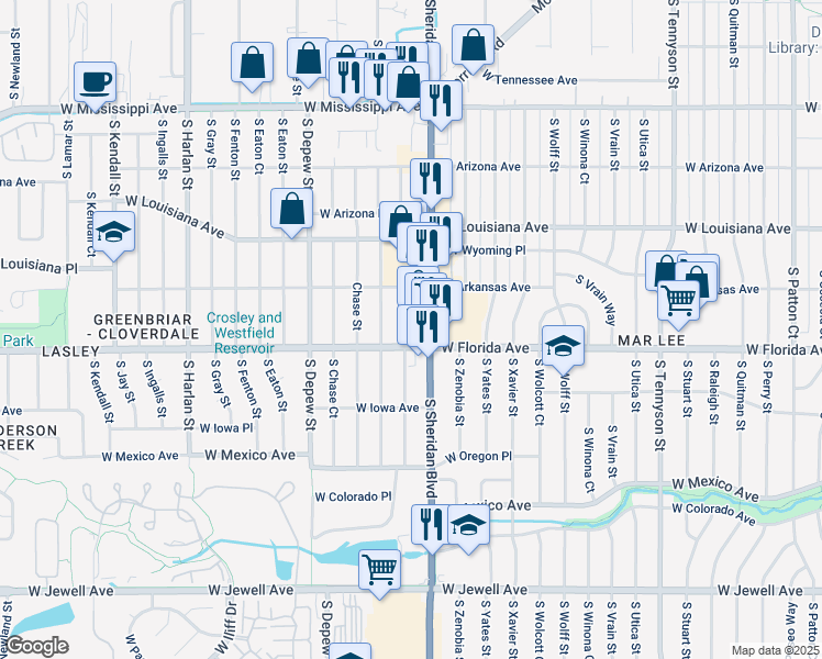 map of restaurants, bars, coffee shops, grocery stores, and more near 1472 South Ames Street in Lakewood