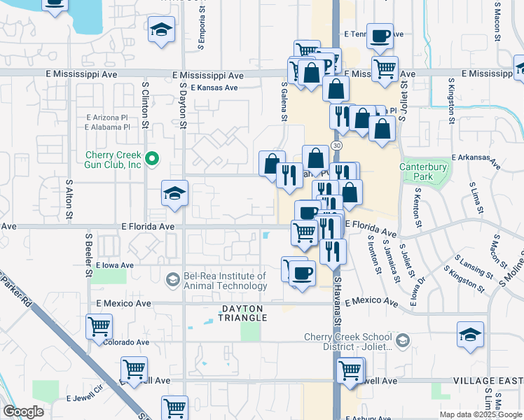 map of restaurants, bars, coffee shops, grocery stores, and more near 10091 East Carolina Drive in Denver