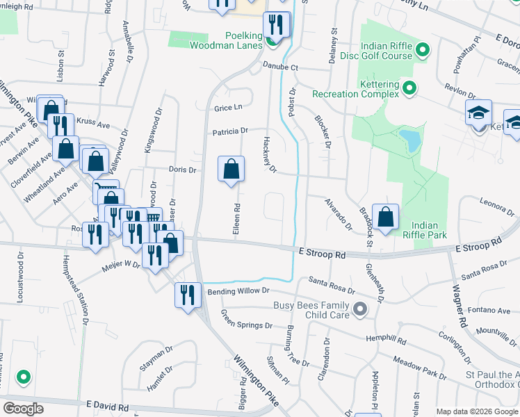 map of restaurants, bars, coffee shops, grocery stores, and more near 3832 Robertann Drive in Dayton