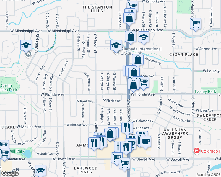 map of restaurants, bars, coffee shops, grocery stores, and more near 1450 South Zephyr Street in Lakewood