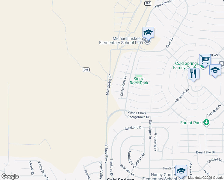 map of restaurants, bars, coffee shops, grocery stores, and more near 17950 Blue Creek Court in Reno