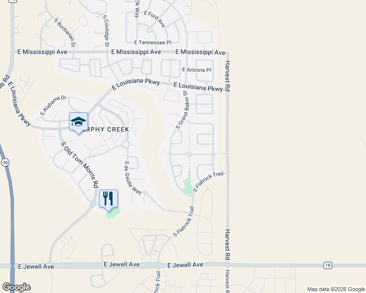map of restaurants, bars, coffee shops, grocery stores, and more near 1476 South Grand Baker Circle in Aurora