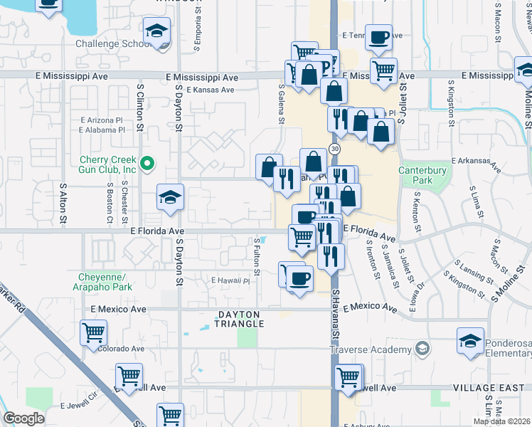map of restaurants, bars, coffee shops, grocery stores, and more near 10151 East Carolina Drive in Aurora