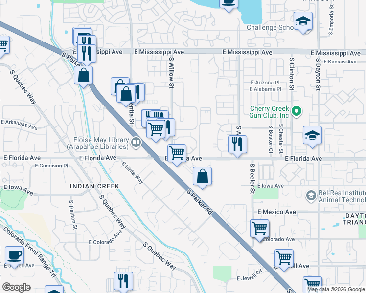 map of restaurants, bars, coffee shops, grocery stores, and more near 8707 East Florida Avenue in Denver