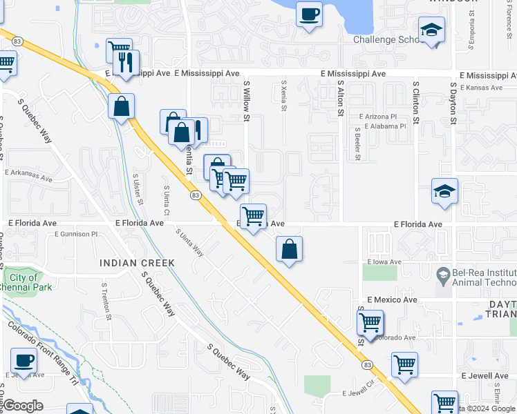 map of restaurants, bars, coffee shops, grocery stores, and more near 8707 East Florida Avenue in Denver